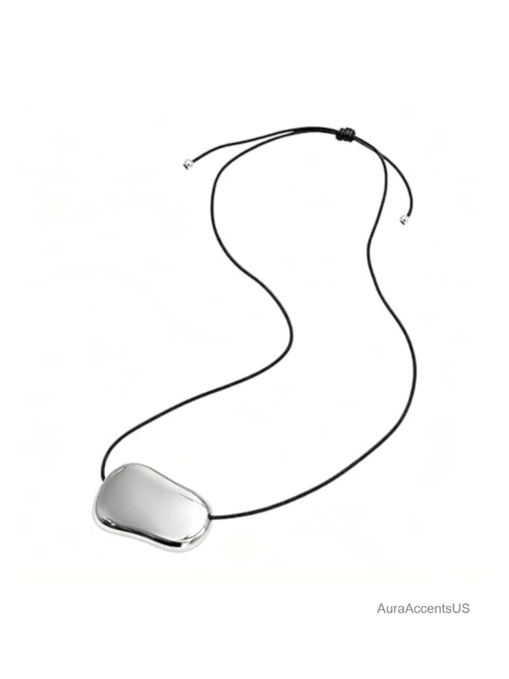 18K Silver Plated Pebble Pendant Necklace Adjustable Cord Minimalist